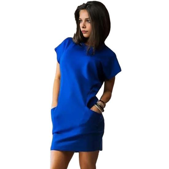 

Женское платье с круглым вырезом, короткими рукавами, однотонное, с боковыми карманами, облегающее, длиной выше колена, для свиданий L синий