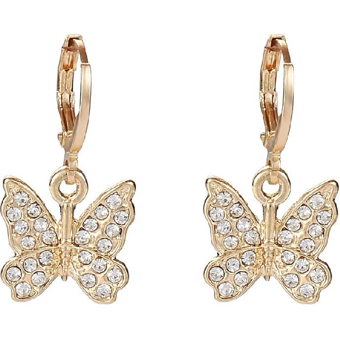 Rhinestone Animal Charm Tiny Cute Butterfly Drop Gold Hoop Earrings Hanging Women Huggie Hoop Earrings Summer Jewelry Rhinestone Butterfly Drop