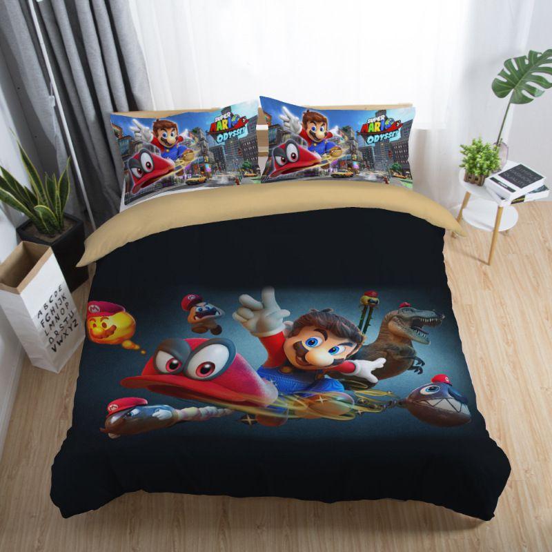 Nintendo Super 3pc Mario Cartoon Odyssey Single Panel Duvet Cover Set Bedding