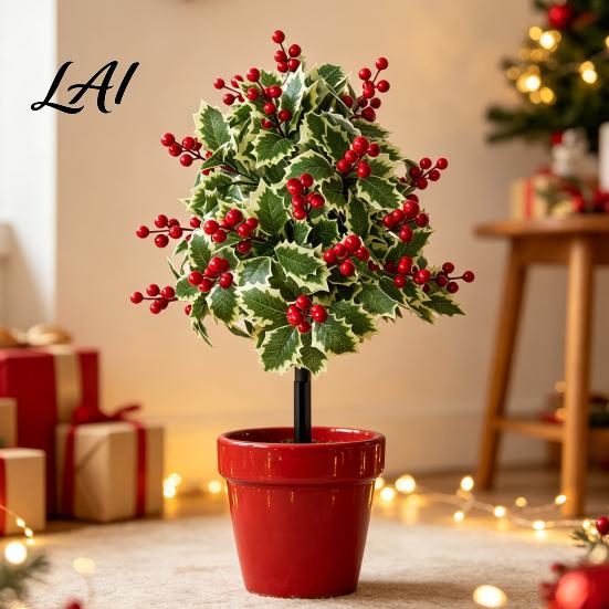 Outdoor Patio Christmas Accents Artificial Poinsettia Flower Yard Stake Red Floral Ground Spike Decor Potted Pine for Weather‑Resistant Fake Plant