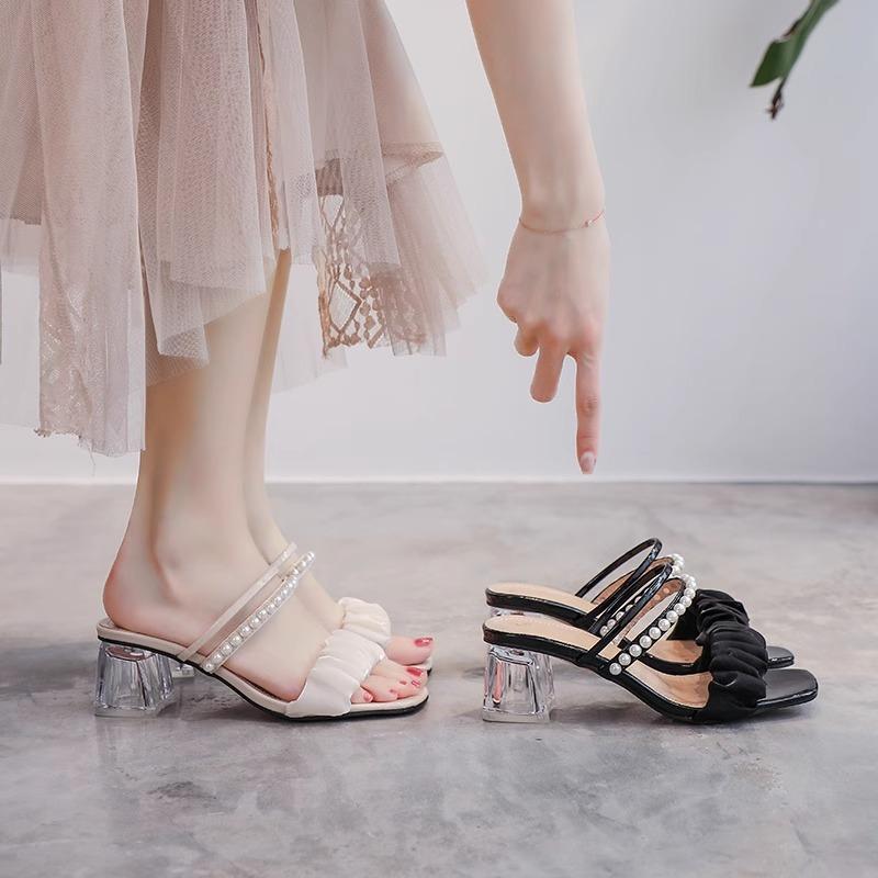 Cool Slippers Female 2025 New Summer Medium Heel Thick Heel French Versatile Outer Wear Fairy Wind Pearl Two Wear Sandals