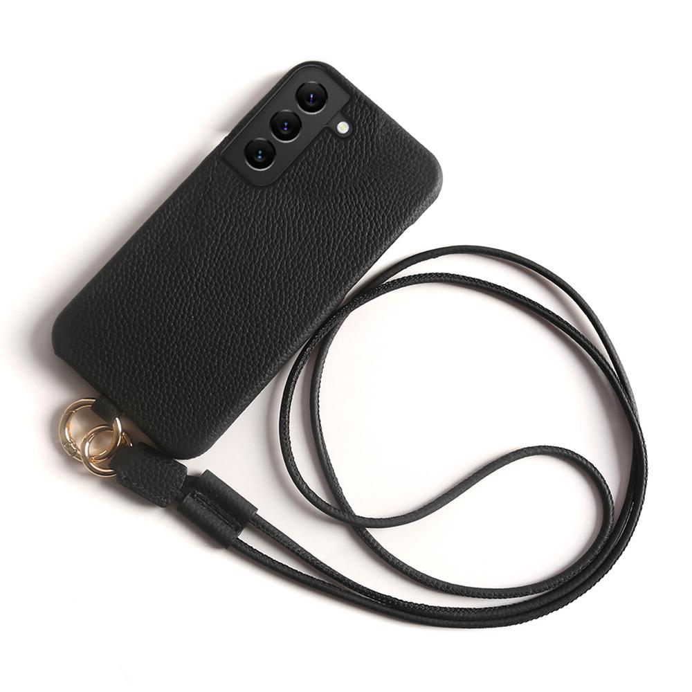 For Samsung Galaxy S22 5G Case with Lanyard Genuine Cow Leather PC Phone Back Cover