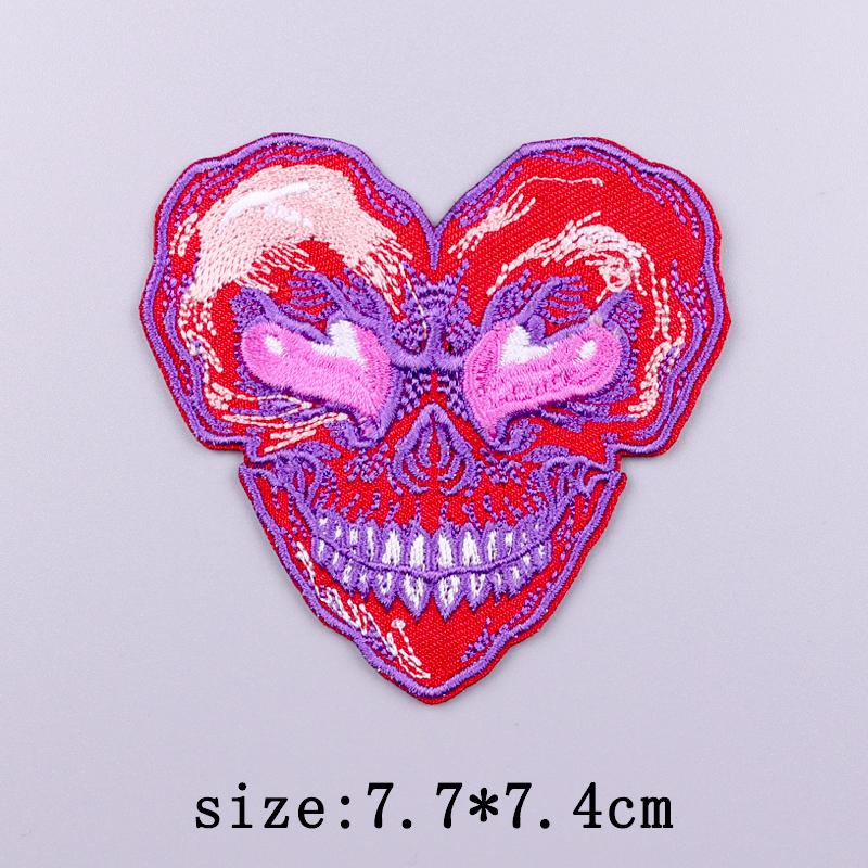 Red Heart Patch Iron On Patches On Clothes Fire Punk Skull Embroidered Patches For Clothing Hook Loop Patch For Clothes Stickers