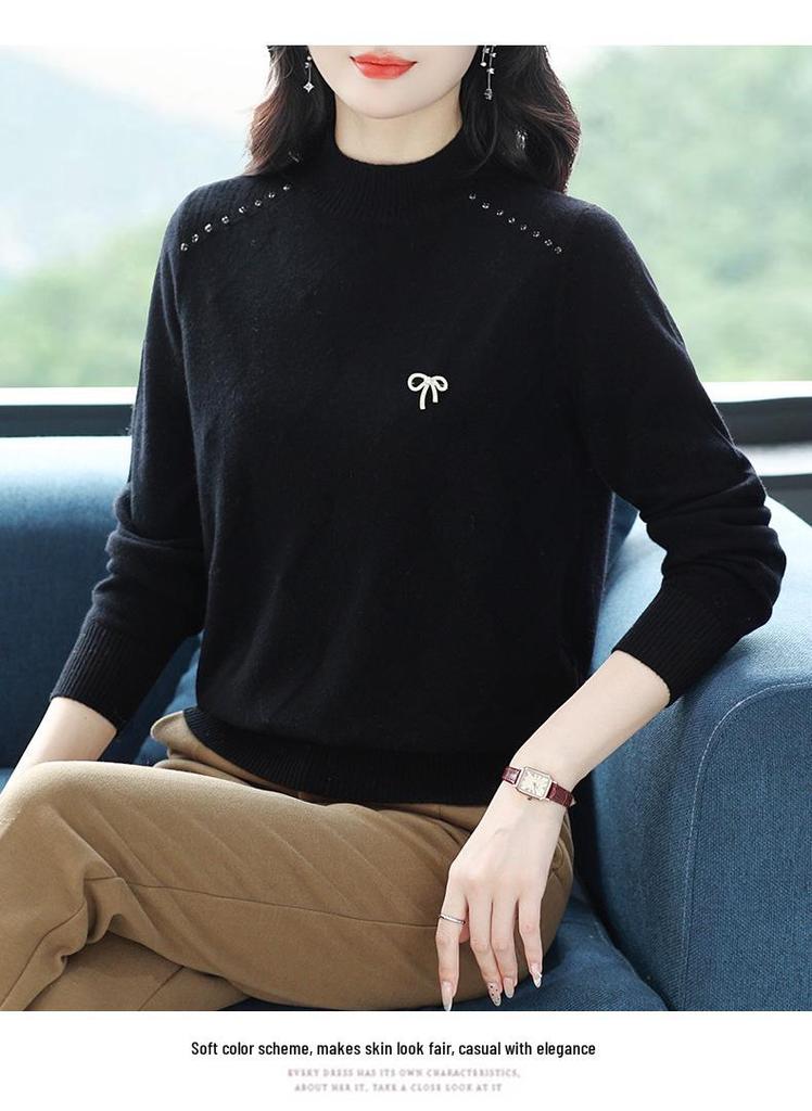 Stylish Women's Beaded Wool Sweater: Solid Color, Half-High Neck Pullover