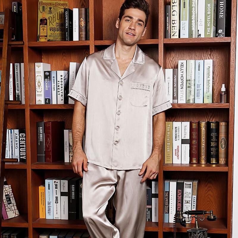 American Standard 19mm Heavyweight 6A Grade Mulberry Silk Men's Short Sleeve Long Pants Pajamas Gray M