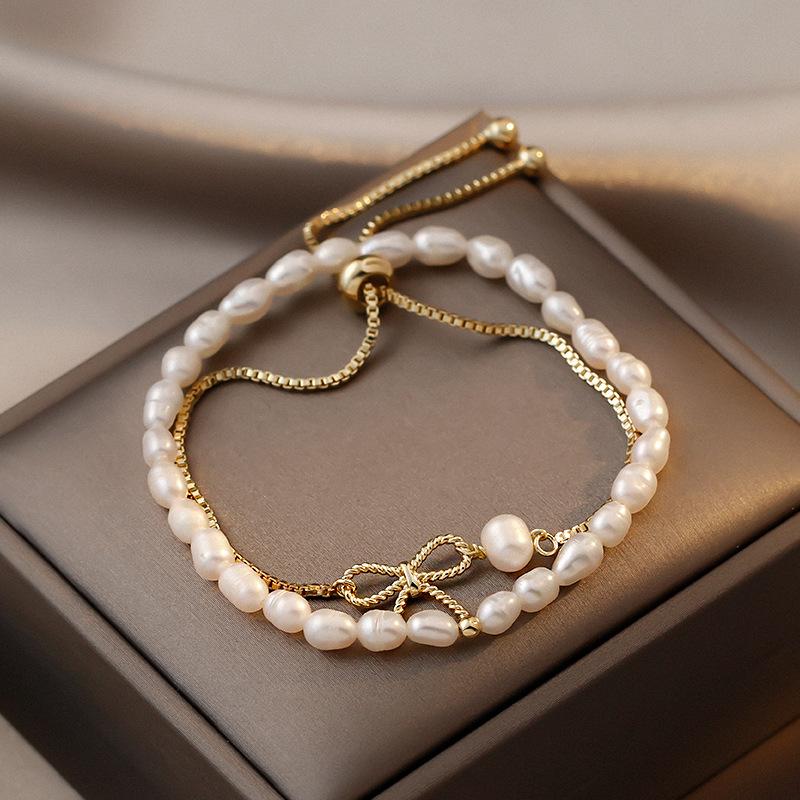 High Quality Fashion Bowknot 14K Gold Filled Natural Freshwater Pearl Two Piece Set Bracelet For Women No Fade Gifts
