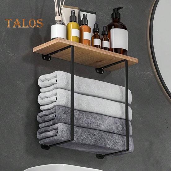 Portasciugamani da Parete con Mensola in Legno Forte Portata Facile da Installare Portasciugamani da Bagno Multifunzionale Portaoggetti