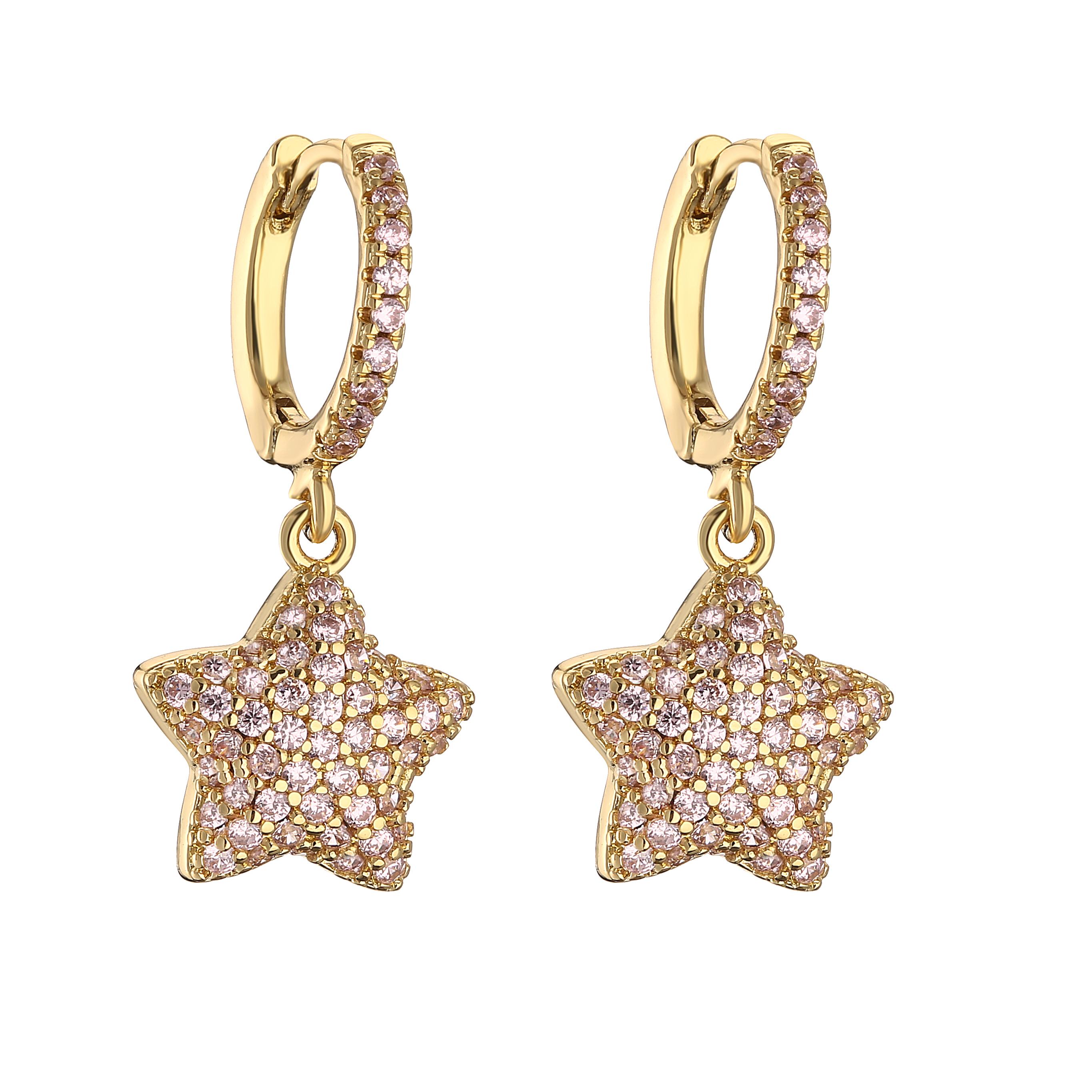 HECHENG,Shiny Zircon Crystal Dangle Hoop Earrings For Women Punk Geometric Star Pendant Hoop Earrings 2023 Zircon розовый