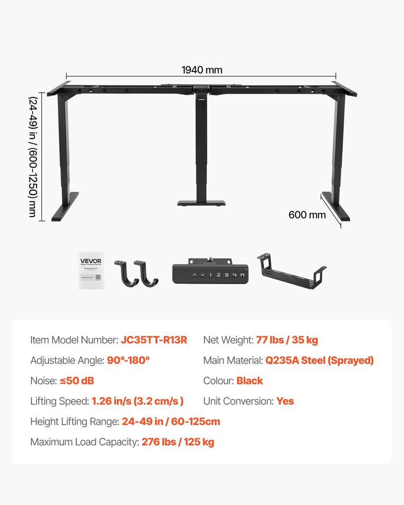 VEVOR Standing Desk Frame Triple Motor, Electric 3 Leg Corner Table Legs, Adjustable Height 60-125 Cm