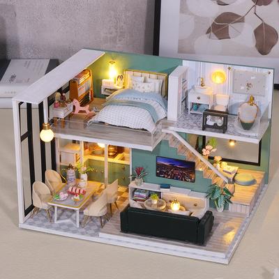 Holz-Puppenhaus Handgefertigt Zweifamilienhaus Produktion 3D-Puzzle Montage Gebäudemodell Spielzeug Puppenhaus Kinder Geburtstagsgeschenke