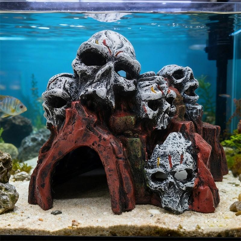 Handgefertigte Totenkopf-Aquariumdekoration Harz-Höhlenverstecke Künstlerische Totenkopfform Fischbecken Dekoration