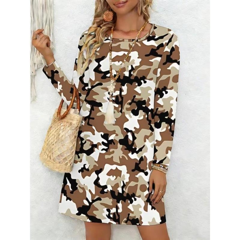 Ladies' Long Sleeved Round Neck Casual Mini Dress, 3D Retro Camouflage Printed Casual Vacation Dress