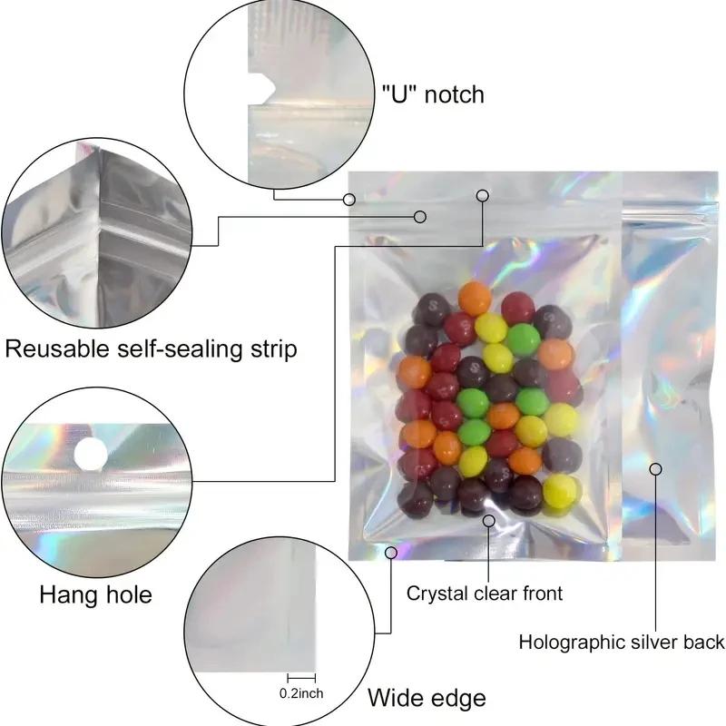 50pcs Smell Proof Mylar Bags Holographic Laser Color Plastic Pouch Candy Suger Tea Jewelry Beauty Retail Storage Party Gift Zip Lock Bag