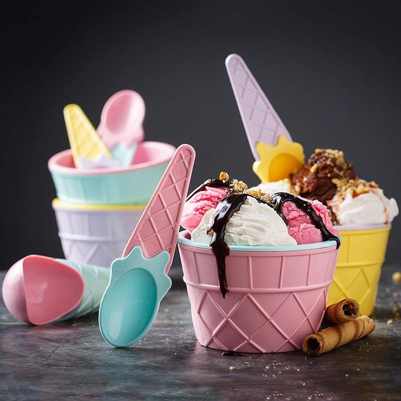 Candy Colored Ice Cream Shaped Plastic Bowl with Spoon Reusable Cartoon Egg Cone Children Fruit Dessert Bowl Kitchen Accessories