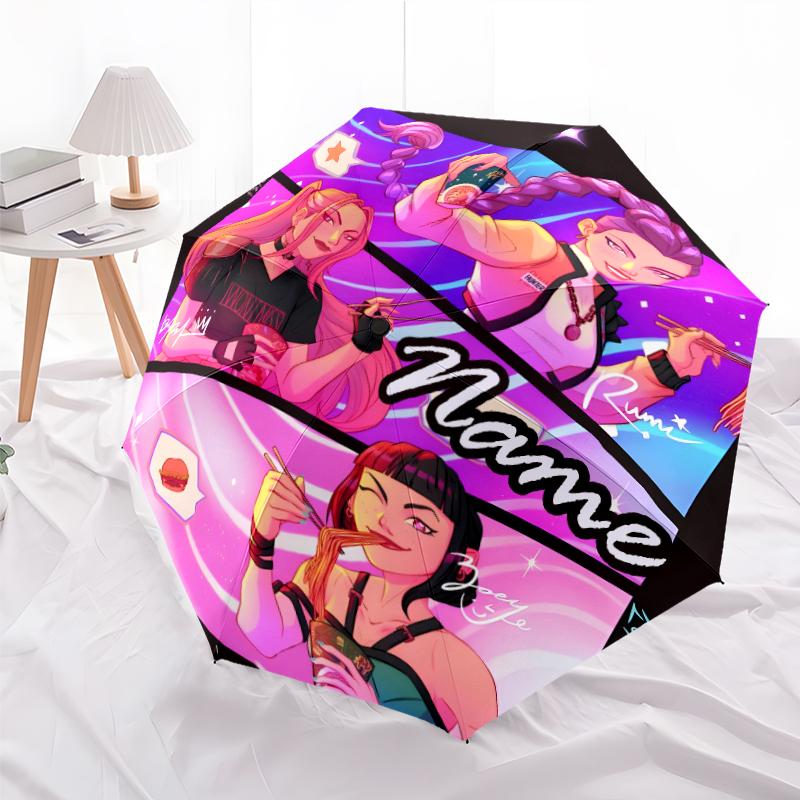 Ombrello Stampato Personalizzato con Nome K-KPop Demon Hunters - Apertura/Chiusura Automatica, Struttura Robusta a Otto Stecche, Ombrello Pieghevole Automatico