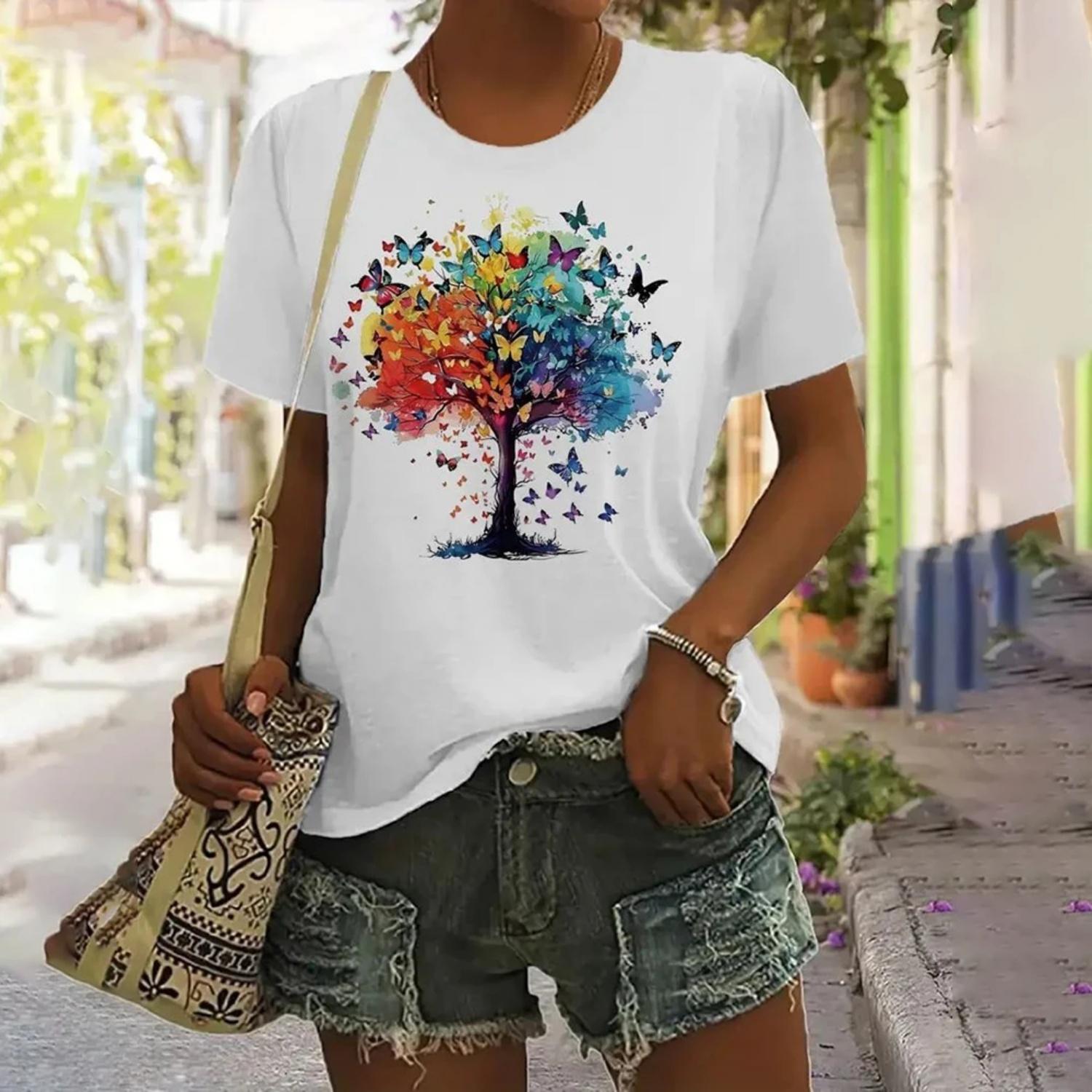 Women Clothing Summer Butterfly Tree Print T-Shirt Short Sleeve Crew Neck Tops Streetwear Fashion Oversized Girls T-Shirts S