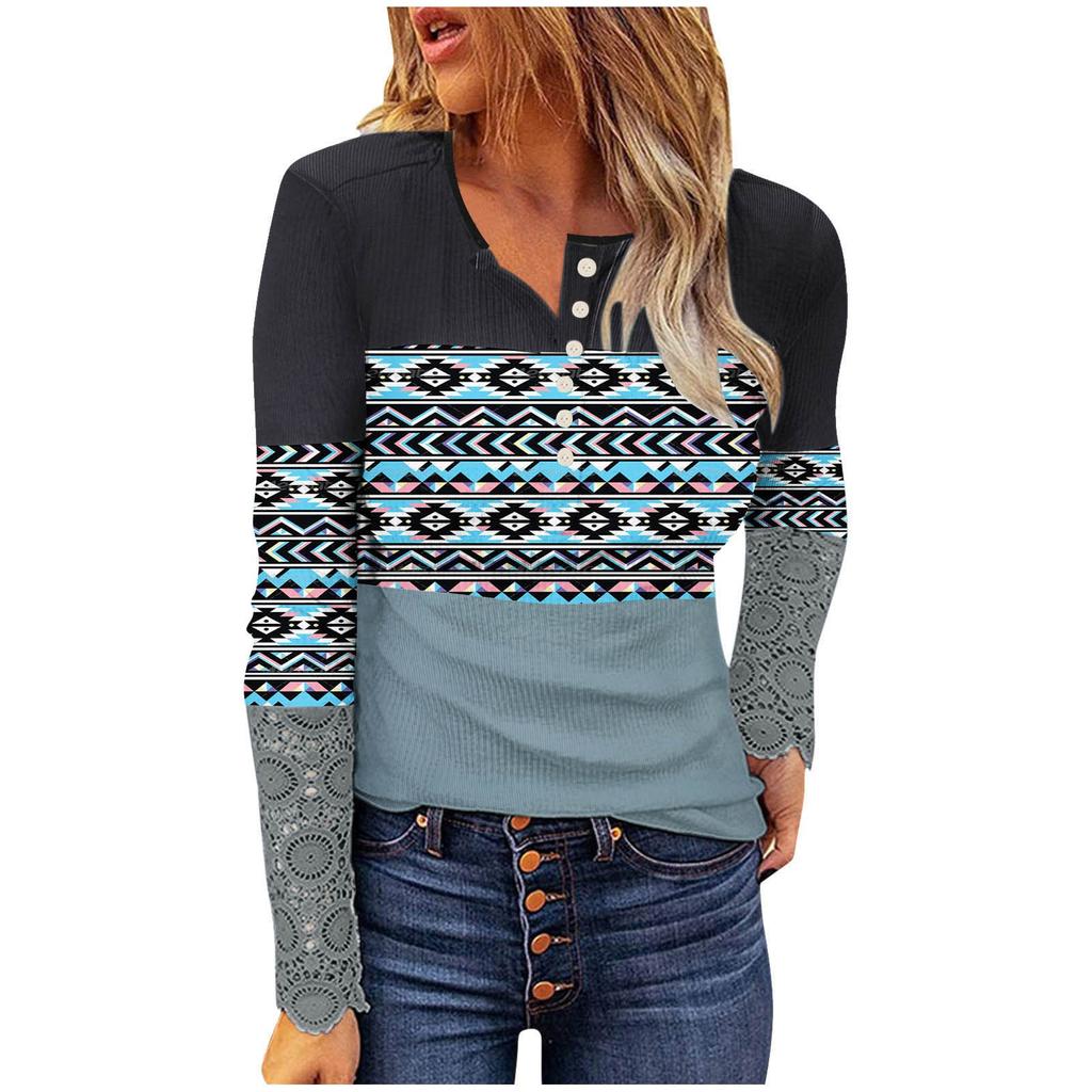 Womens Fashion Lace Long Sleeve Hole Strip Slim Round Neck Button Print Pullover Women's T-Shirt