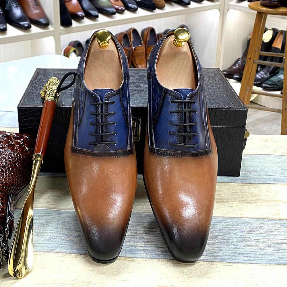 Mens Formal Shoes Genuine Cow Leather Oxford Shoes Brown Blue Mixed Color for Men Dress Wedding Shoes Lace Up Luxury Formal Shoe