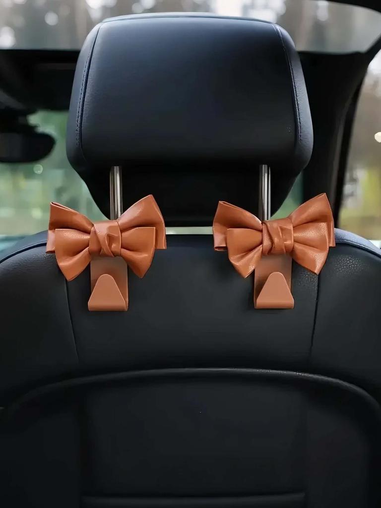 2Pc of Fashionable Bowknot Car Seat Hooks - PU Leather Rear Seat Storage & Decoration, Suitable for All Vehicle Types