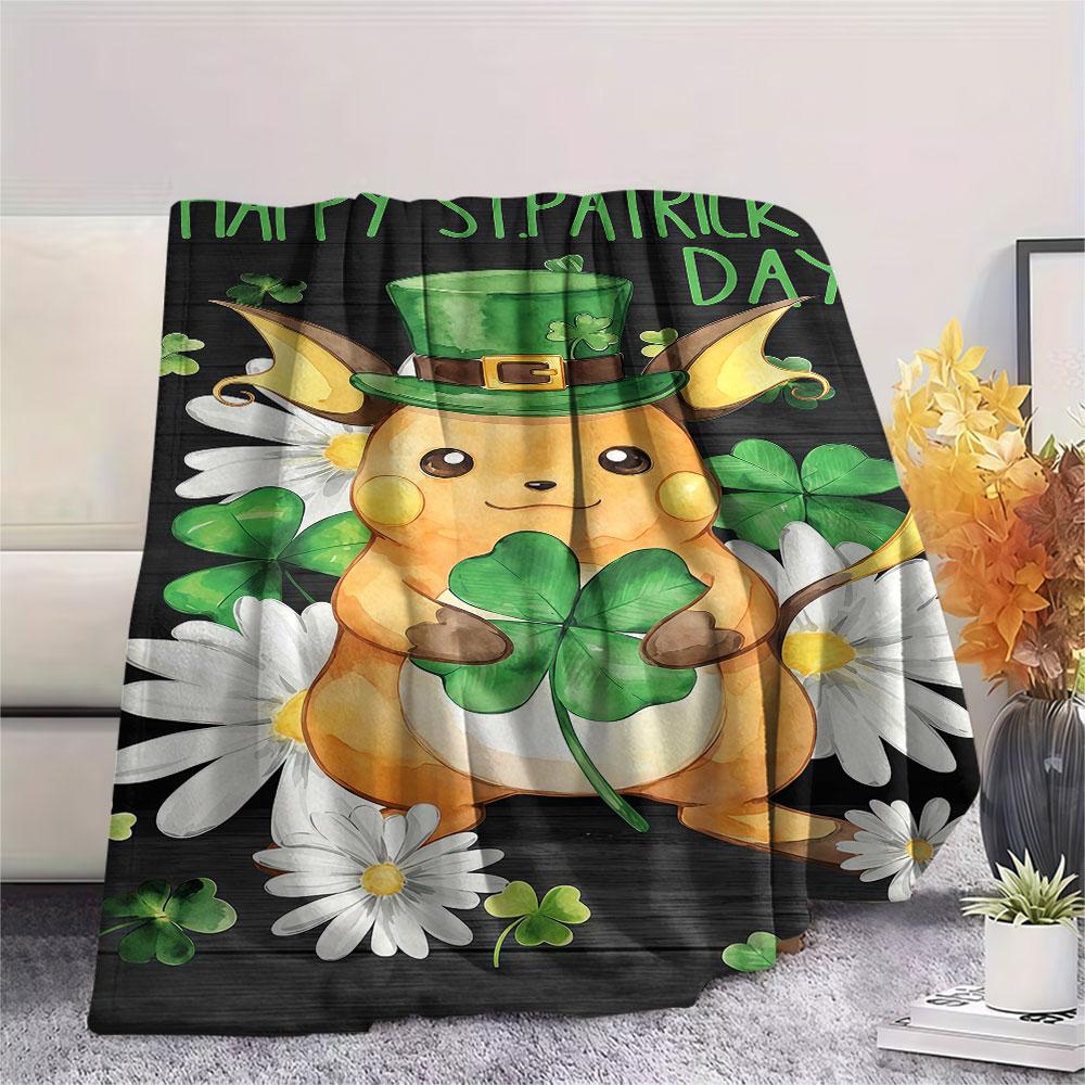 1Pc Orange Lucky Pokemon Print Flannel Blanket, High quality Comfortable for All Seasons, Home Decor, Warmth and Comfort, Perfect for Christmas Gifts