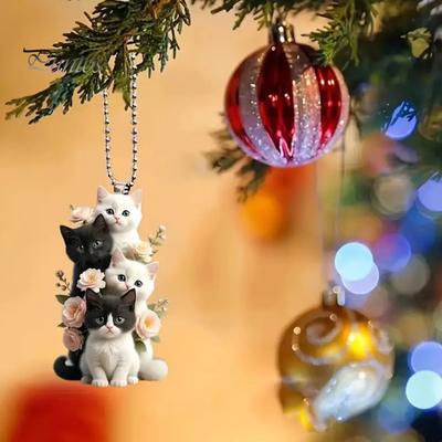 Cat Hanging Ornament Car Rearview Mirror Pendant with Lanyard Easy To Hang Adorable Appearance Cat-Shaped Xmas Tree Pendant