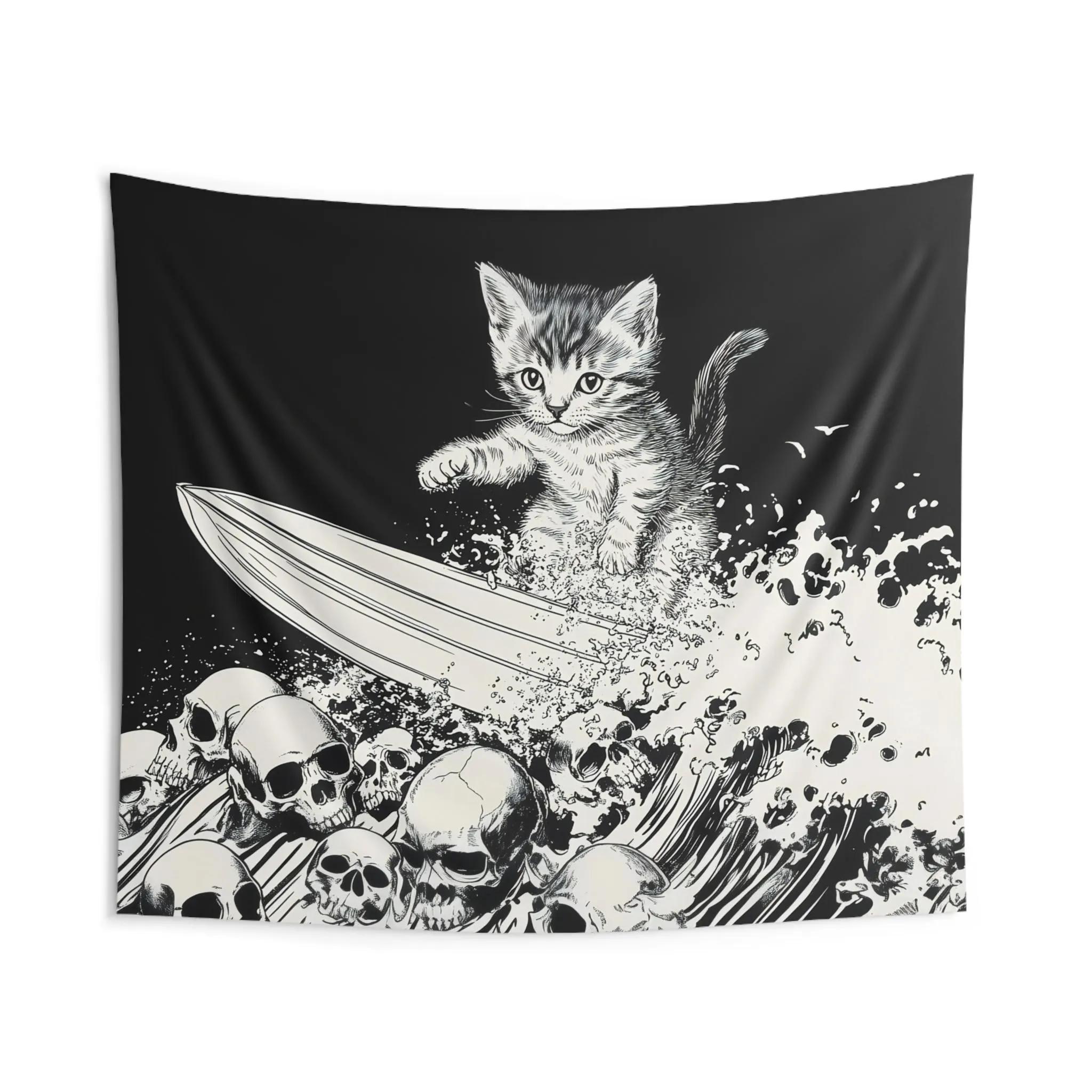 

Heavy Metal Kitten Tapestry Unhinged Wall Art Skull Surfing Cat MTG Inspired Hardcore Funny Decor Sea of Bones Background 74x94cm(29x37in)