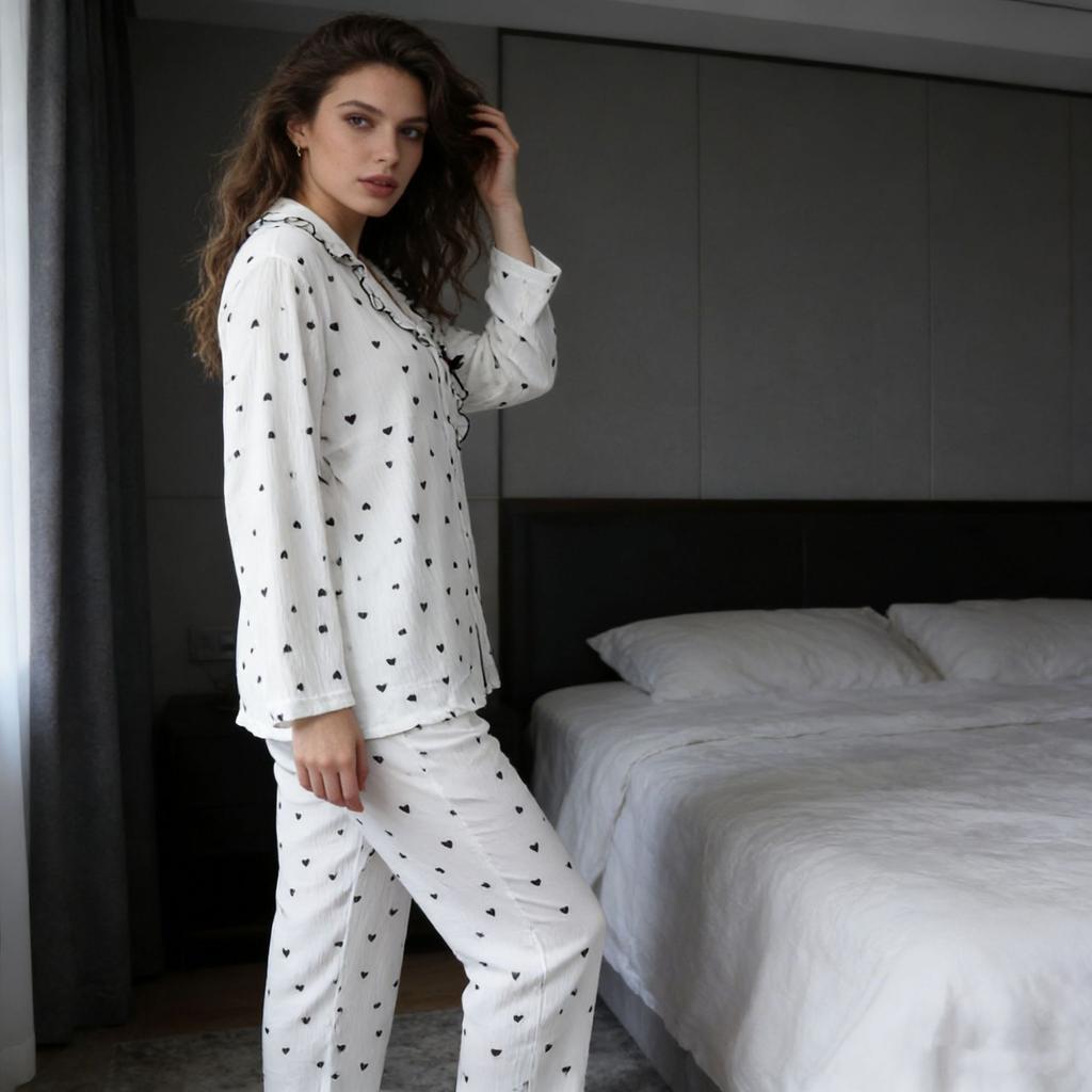 Spring and Autumn Love Heart Printed Sweet Sleepwear Women's Frill Set Loose and Can Be Worn Outdoors Homewear