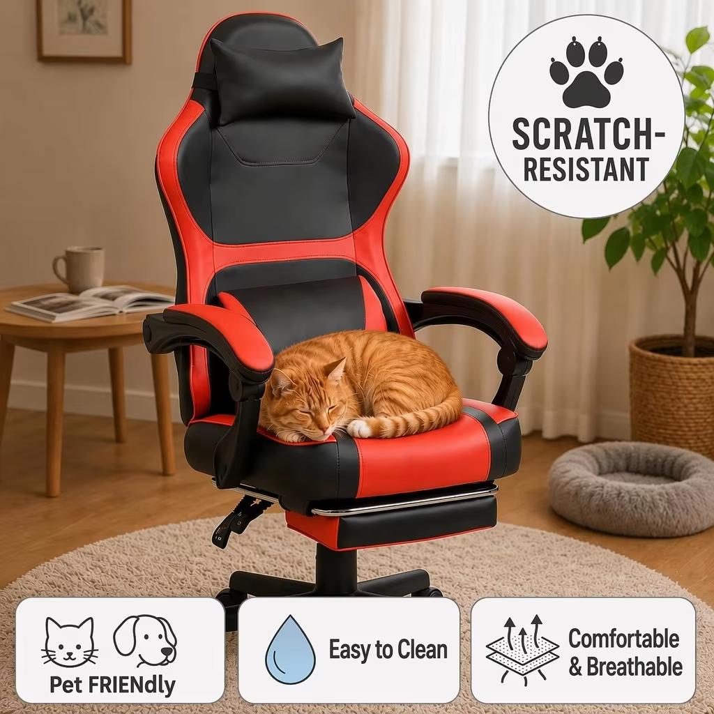 Ergonomic Gaming Chair in Black-Red, Equipped with a Retractable Footrest and a Double Cushion for the Lumbar Area – Home Office and Relaxation Breaks