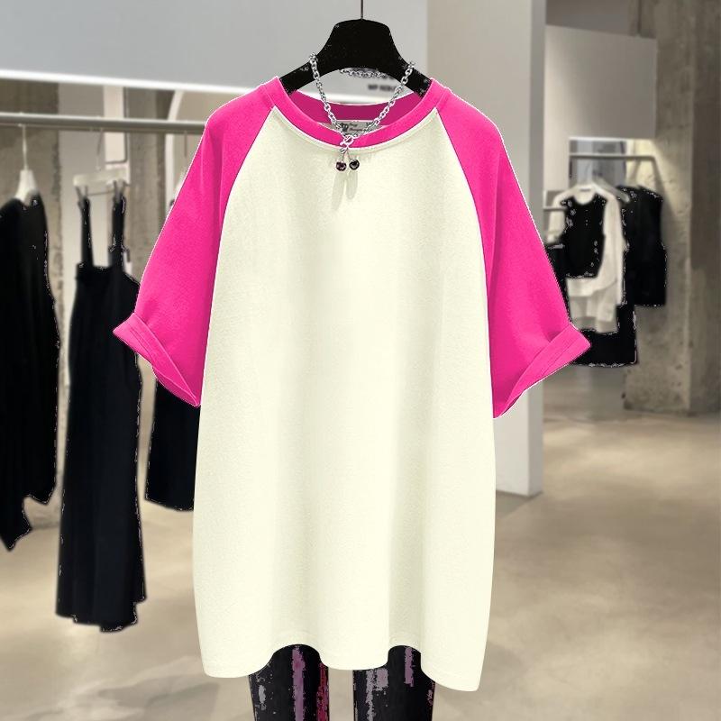 

220 г чистого хлопка, летняя новая большая версия, свободная контрастная футболка с короткими рукавами для женщин XXXL