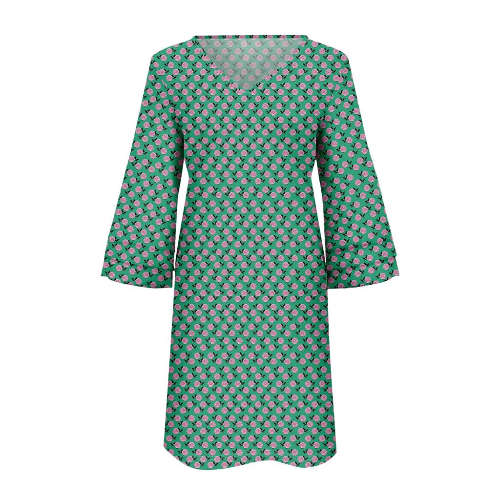 Women's Fashion Temperament Elegant Fresh Printed V-Neck 3/4 Sleeves Dress