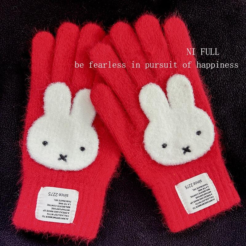 Miffy Rabbit sea salt blue bone girly gloves, cute plush and faux mink, warm split-finger gloves for women