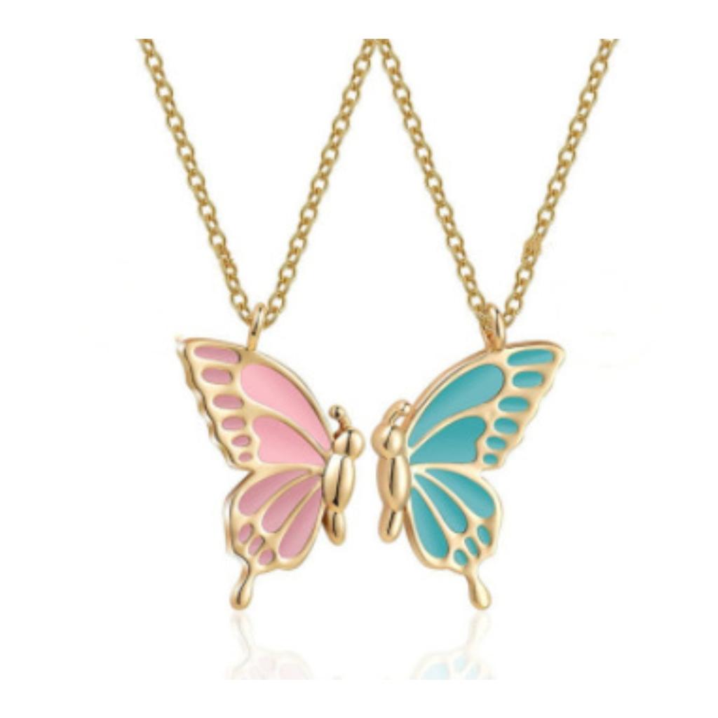 Split Butterfly Pendant Necklace Set Pink Enamel Matching Butterfly Necklaces for Best Friends