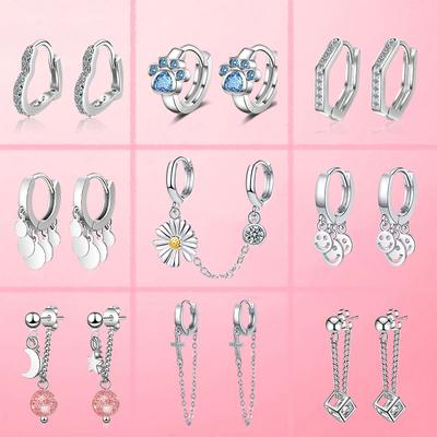 Schlichter silberfarbener Pfoten-Gänseblümchen-Herz-Ohrring, Stern und Mond, zwei Ohrlöcher, Creolen, Ketten für Damen-Grils-Schmuck