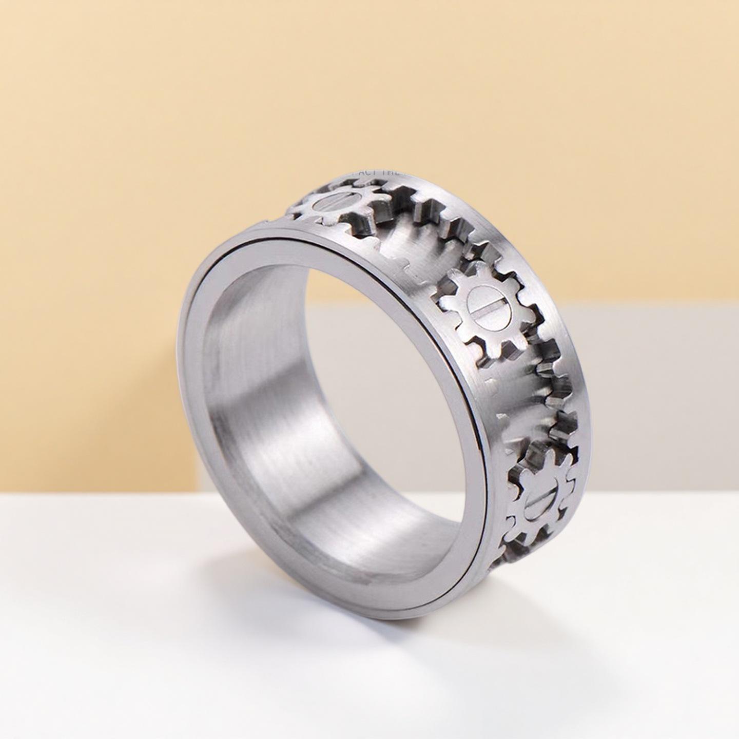 

European & American Titanium Gear Ring: Rotatable Decompression Finger Ring for Men & Women, Hip Hop Couple Jewelry Size 9