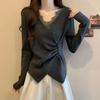 Casual T Shirt For Women With Lace Collage And Deep V Neck In Soft Fabric For Office Wear