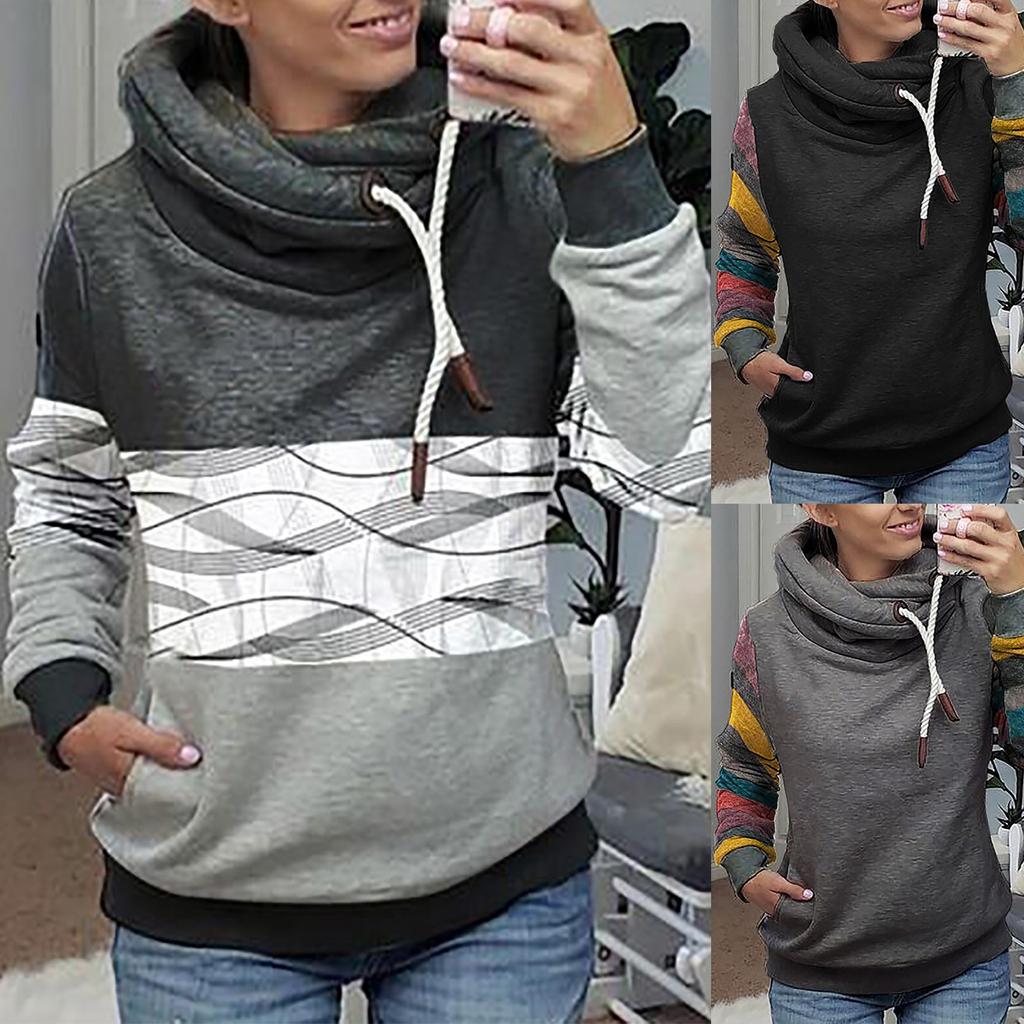 Women's Pullover High-neck Casual Long-sleeved Retro Color-blocking Hooded Top