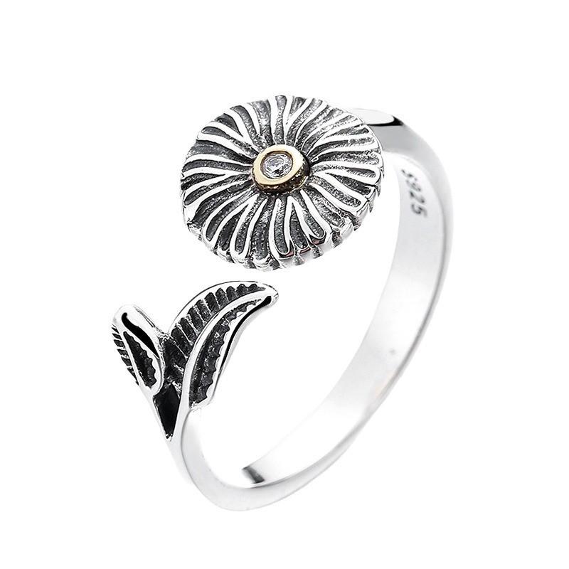 Adjustable Open Ring With Vintage Daisy Motif Copper Plated Unisex Boho Chic Statement Jewelry