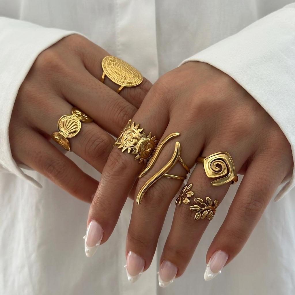 Stainless Steel Irregular Geometric Ring for Women Vintage Gold Color Sun Leaf Joint Finger Ring Party Versatile Jewerly Gifts