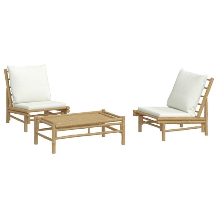 VidaXL Salon de jardin 3 pcs avec coussins blanc crème bambou 3156489
