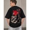 Men's Oversized Black Graphic Tee with Japanese Ink Wash Pagoda Cherry Blossom Mountain Sunset Print Short Sleeve Crew Neck Streetwear