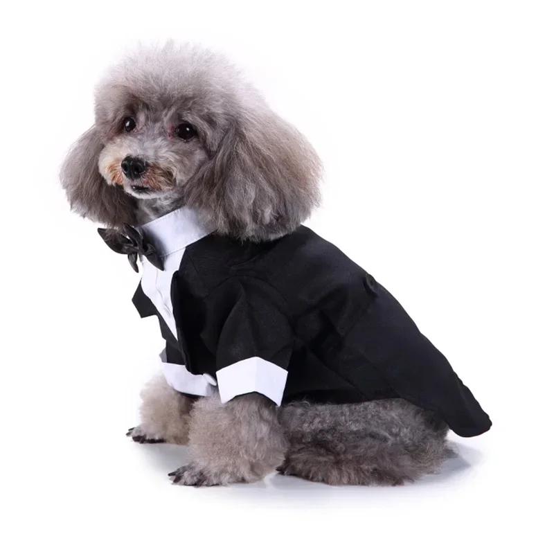 Cute Striped Dog Tuxedo Tailcoat Wedding Outfit Gentleman Pet Suit with Bow Tie for French Bulldog Halloween Costume