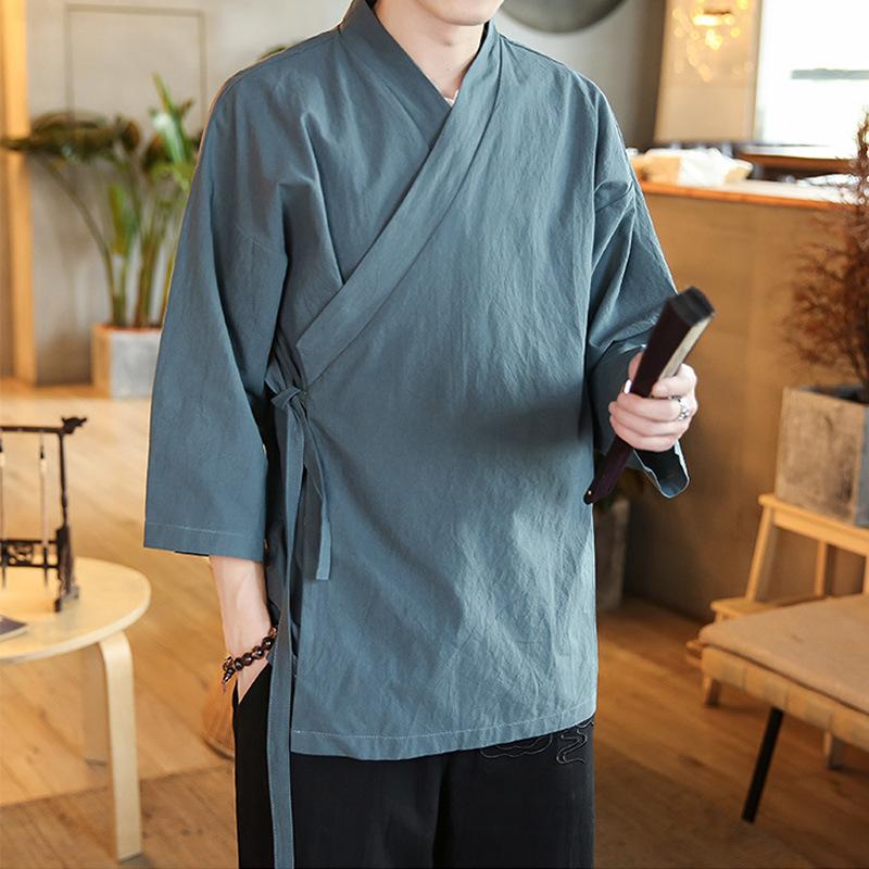 Summer Thin Seven Point Sleeve Cardigan Jacket Men's Casual Short Sleeve Manteau Hanfu Jacket