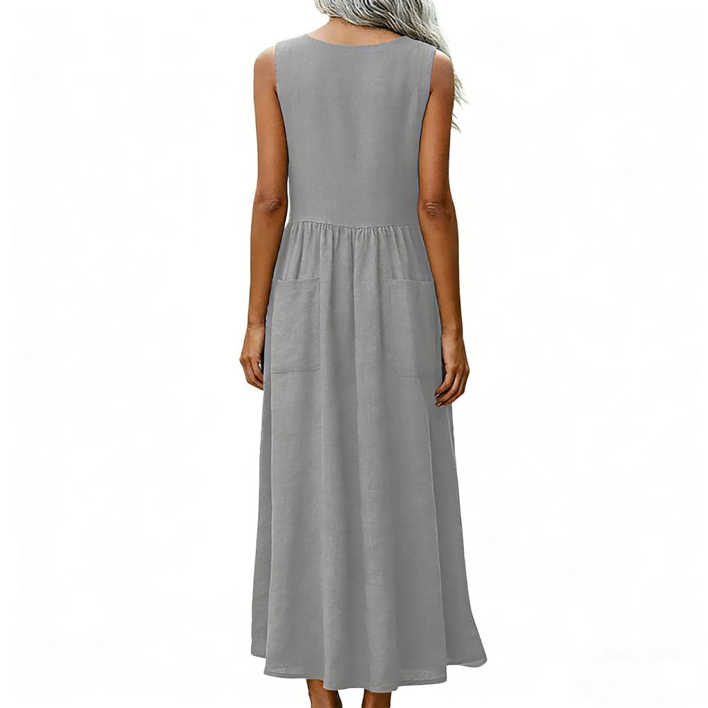 Dresses For Women Summer R-Neck Casual Sleeveless A Line Maxi Dress With Pockets