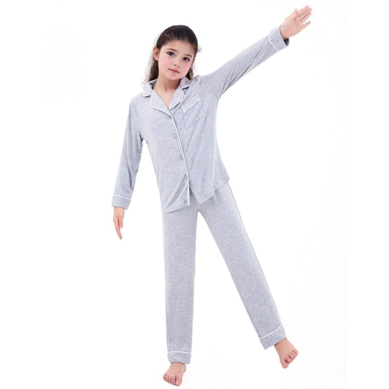 5-14 let Dětský Dívčí Pyžamový Set Dlouhý Rukáv Knoflíkový Top a Kalhoty Domácí Oblečení