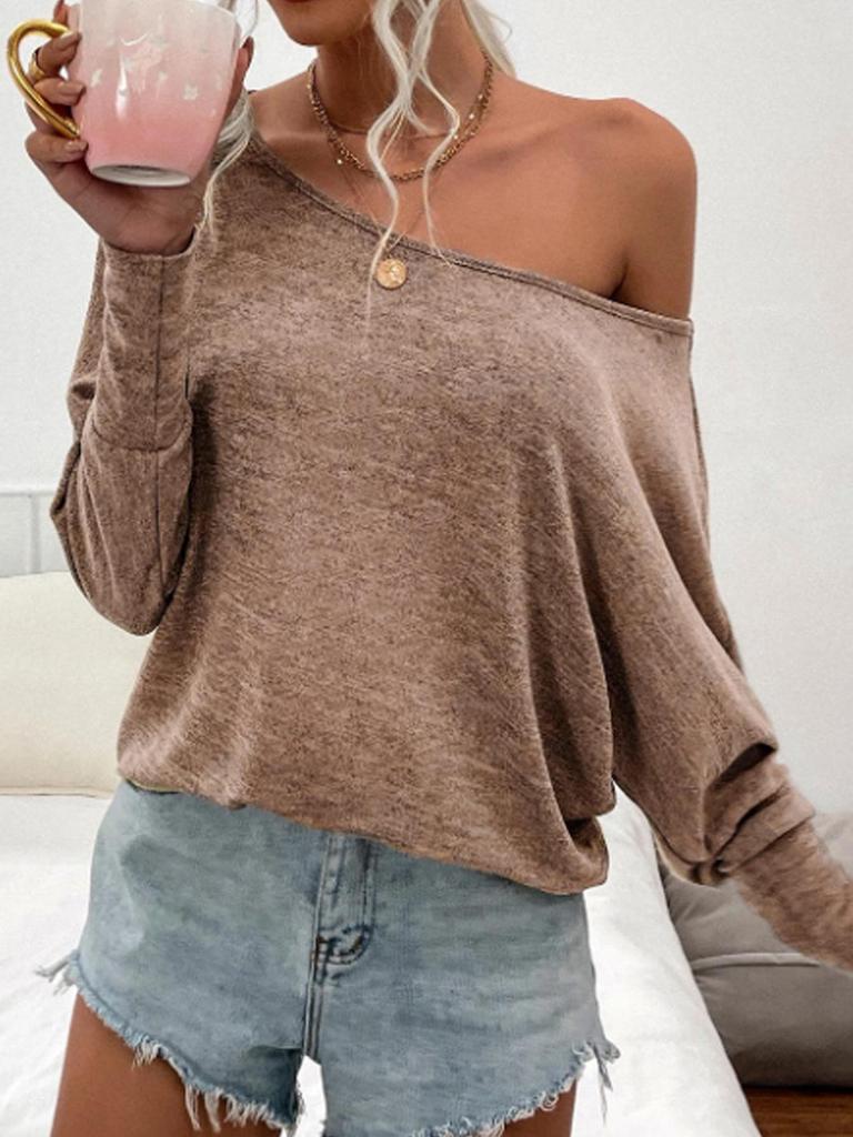 Autumn/Winter Women's Solid Color Off-Shoulder Long-Sleeve Casual T-Shirt