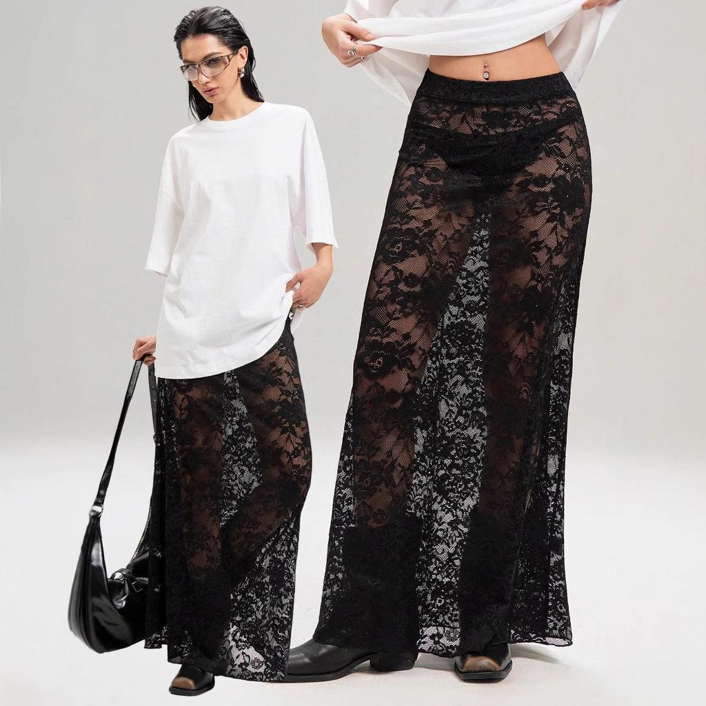 Women High Waist Floral Lace Maxi Skirt, Solid Sheer Bodycon Long Skirt, Streetwear Slim Fit See Through Skirt for Spring Daily Club Trendy Outfits