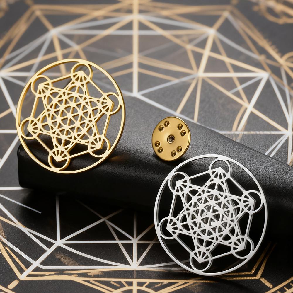 Cazador Stainless Steel Archangel Metatron Cube Lapel Pins for Women Men Jewelry Suit Collar Badges Backpack Metal Brooch Amulet