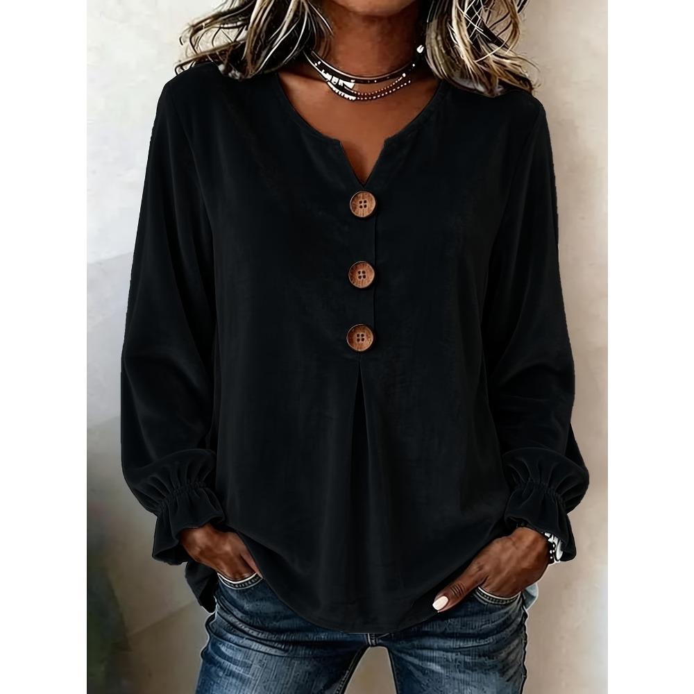 Fashion Velvet Long Sleeve Shirt, V Neck Button Down Blouse for Women