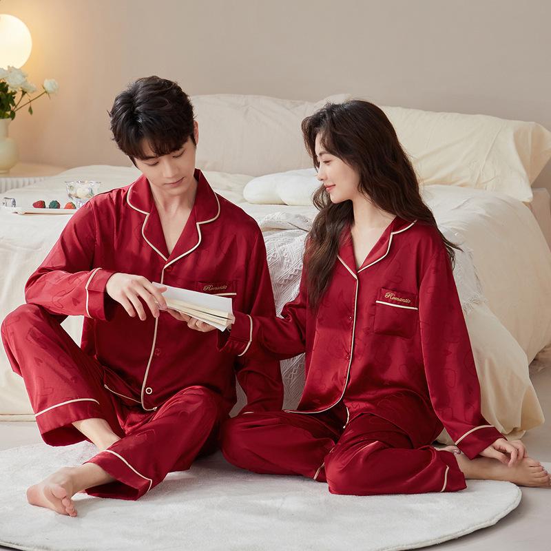 Year of the Rat Red Heart Couple Pajamas - Soft, Colorfast Ice Silk Jacquard for Weddings