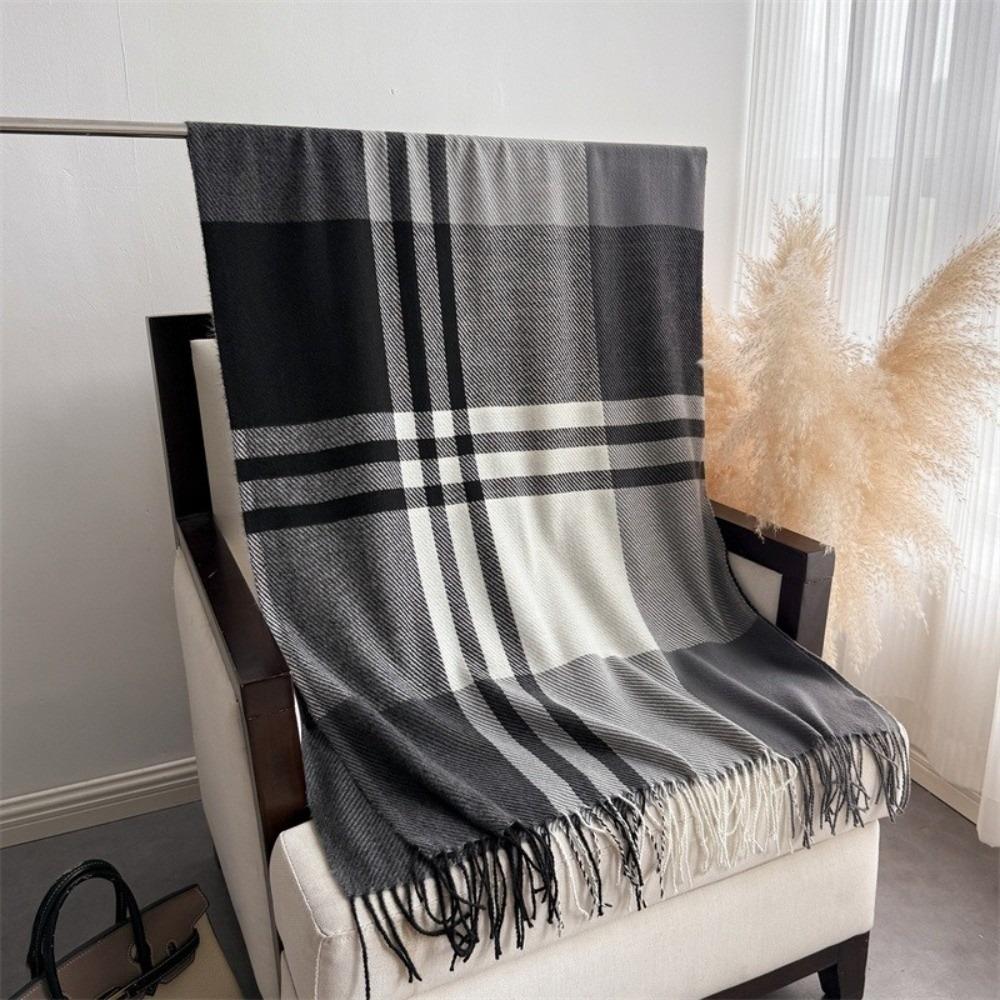 Imitation Wool Texture Checkered Scarf Tassel Wool Texture Scarf Fashionable Warm Scarf  Couples